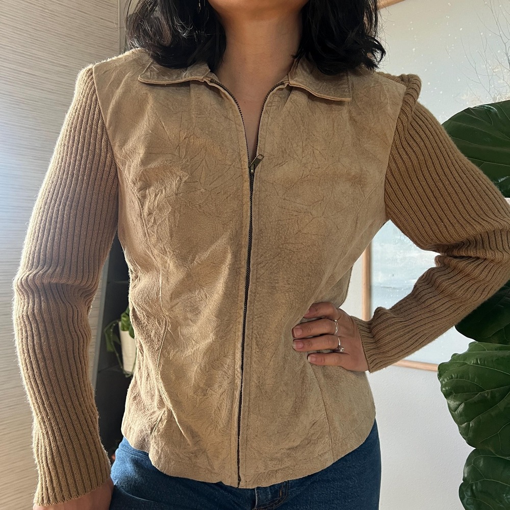 Vintage Leather Suede‎ Knit Jacket Tan Zip Up Fitted Equestrian Minimal 90s